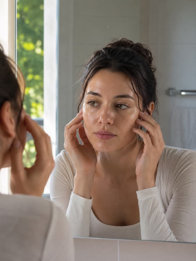 Femme à la peau grasse qui examine son grain de peau dans le miroir