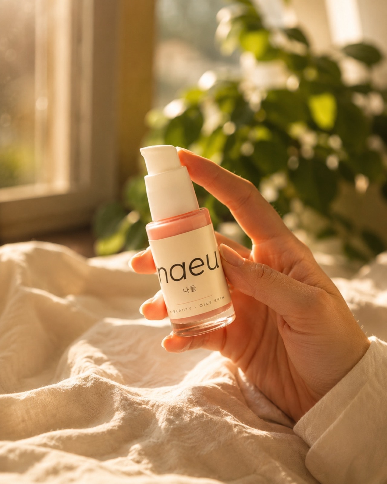 Le sérum K-beauty naeul tenu en main, dans une lumière naturelle