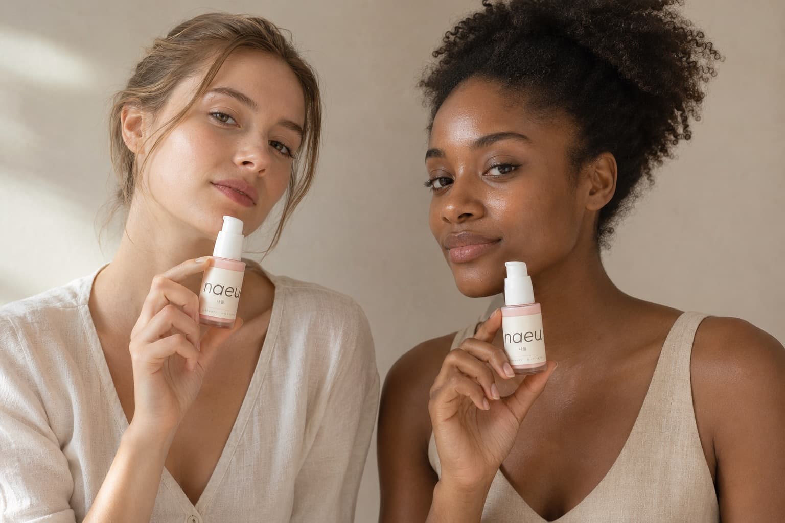 Deux femmes à la peau grasse tiennent le sérum naeul, lumière douce