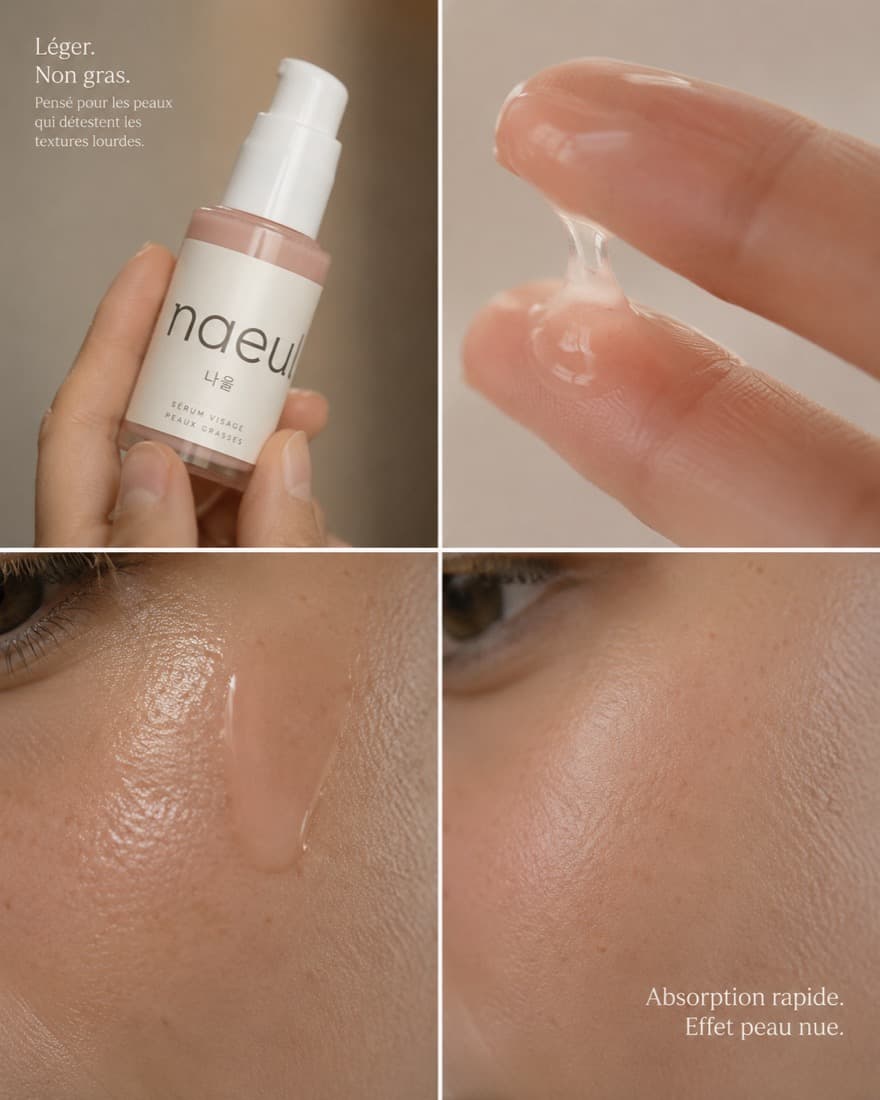 Texture du sérum naeul : fluide, légère, non grasse, absorption rapide, effet peau nue